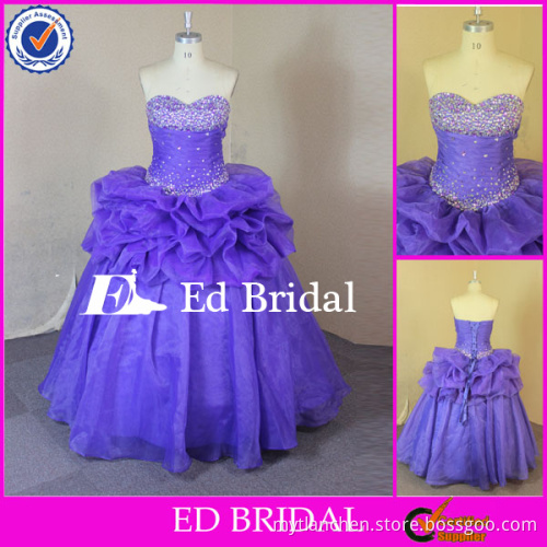F213 Real Sample Crystal Beaded Bust Sweetheart Ruffled Organza Purple Western Quinceanera Dresses